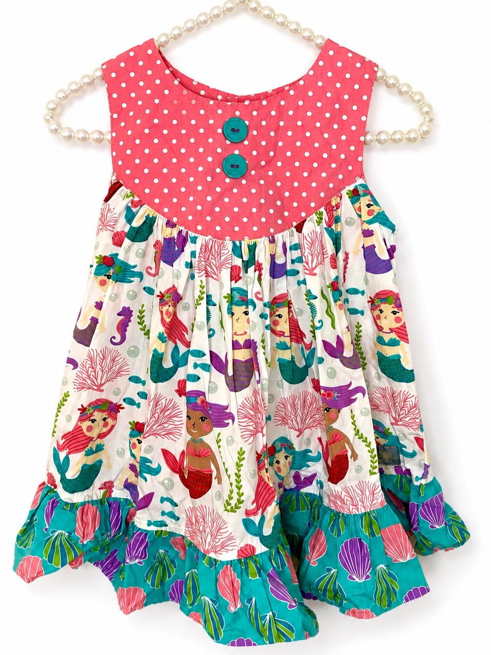 NWOT Eleanor Rose Girls Pink Polka Dot & Mermaid Print Dress with Shell Bow